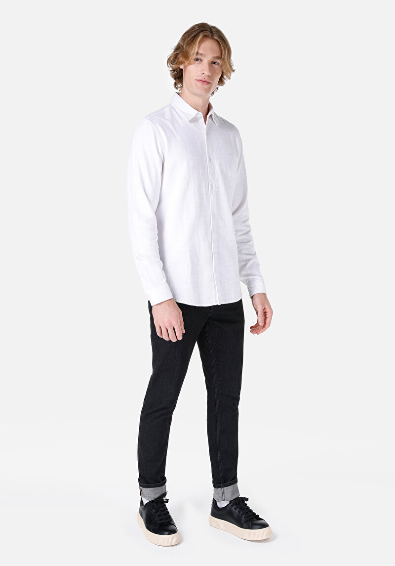 Regular Fit Shirt Neck Düz Erkek Beyaz Uzun Kol Gömlek