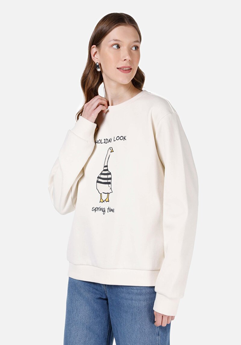 Regular Fit Kadın Beyaz Sweatshirt