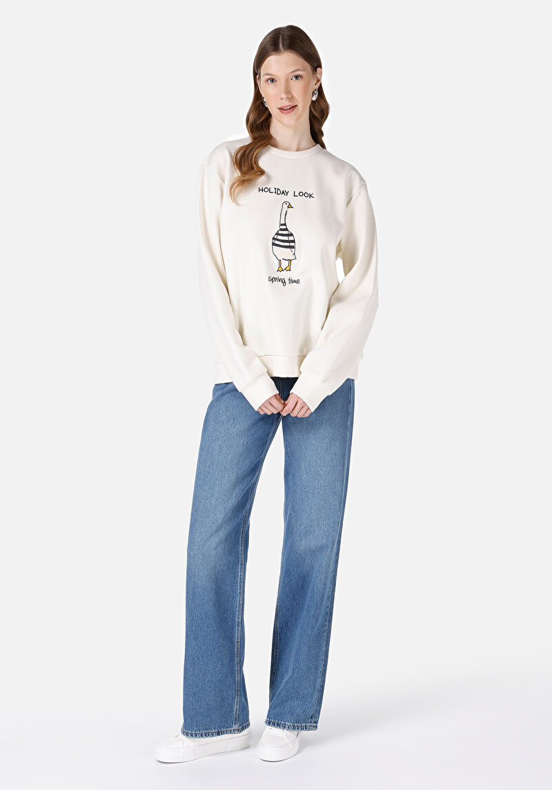 Regular Fit Kadın Beyaz Sweatshirt