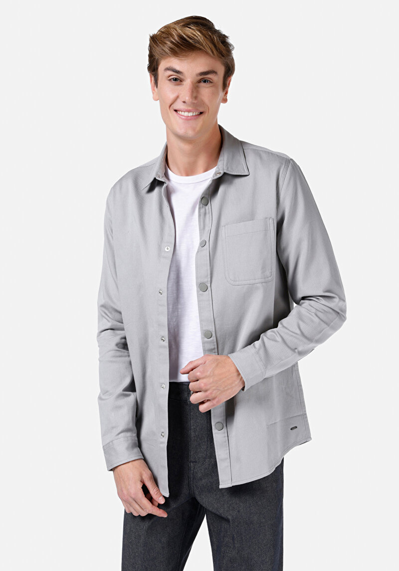 Regular Fit Shirt Neck Düz Erkek Gri Uzun Kol Gömlek