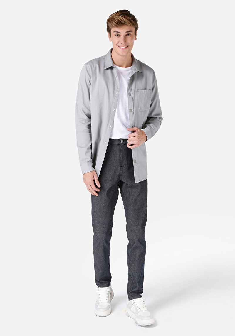 Regular Fit Shirt Neck Düz Erkek Gri Uzun Kol Gömlek