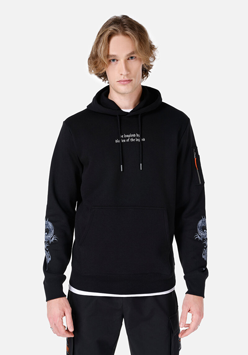 Regular Fit Yazı Baskılı Erkek Siyah Sweatshirt