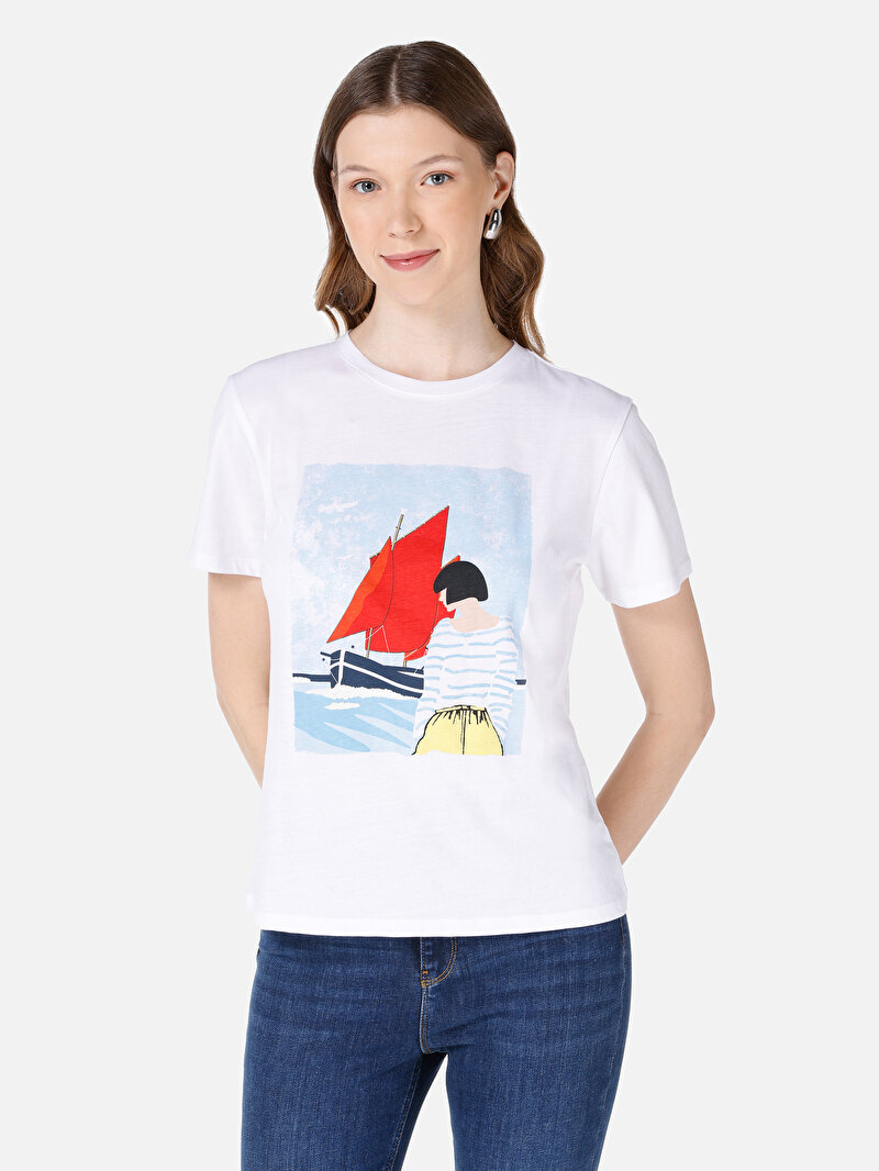 Regular Fit Yuvarlak Yaka Baskılı Kadın Beyaz Kısa Kol Tişört