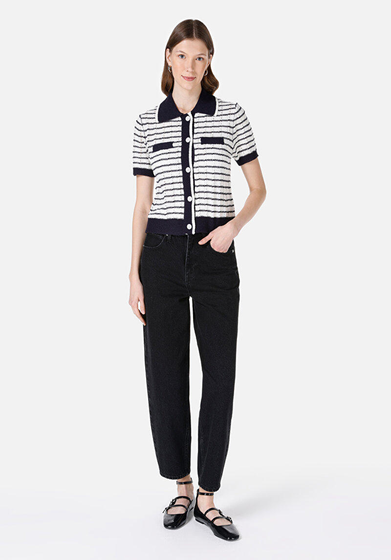 Regular Fit Polo Yaka Kadın Lacivert Kısa Kol Akrilik Kazak