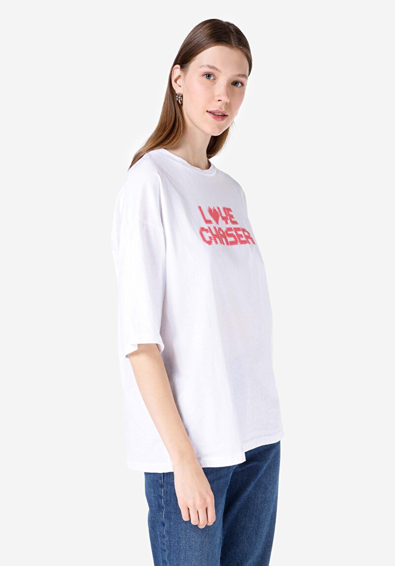 Comfort Fit Yuvarlak Yaka Baskılı Kadın Beyaz Örme Kısa Kol Tişört