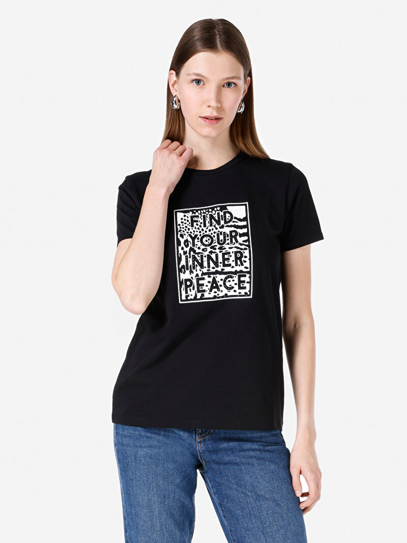 Regular Fit Yuvarlak Yaka Baskılı Kadın Siyah Kısa Kol Tişört