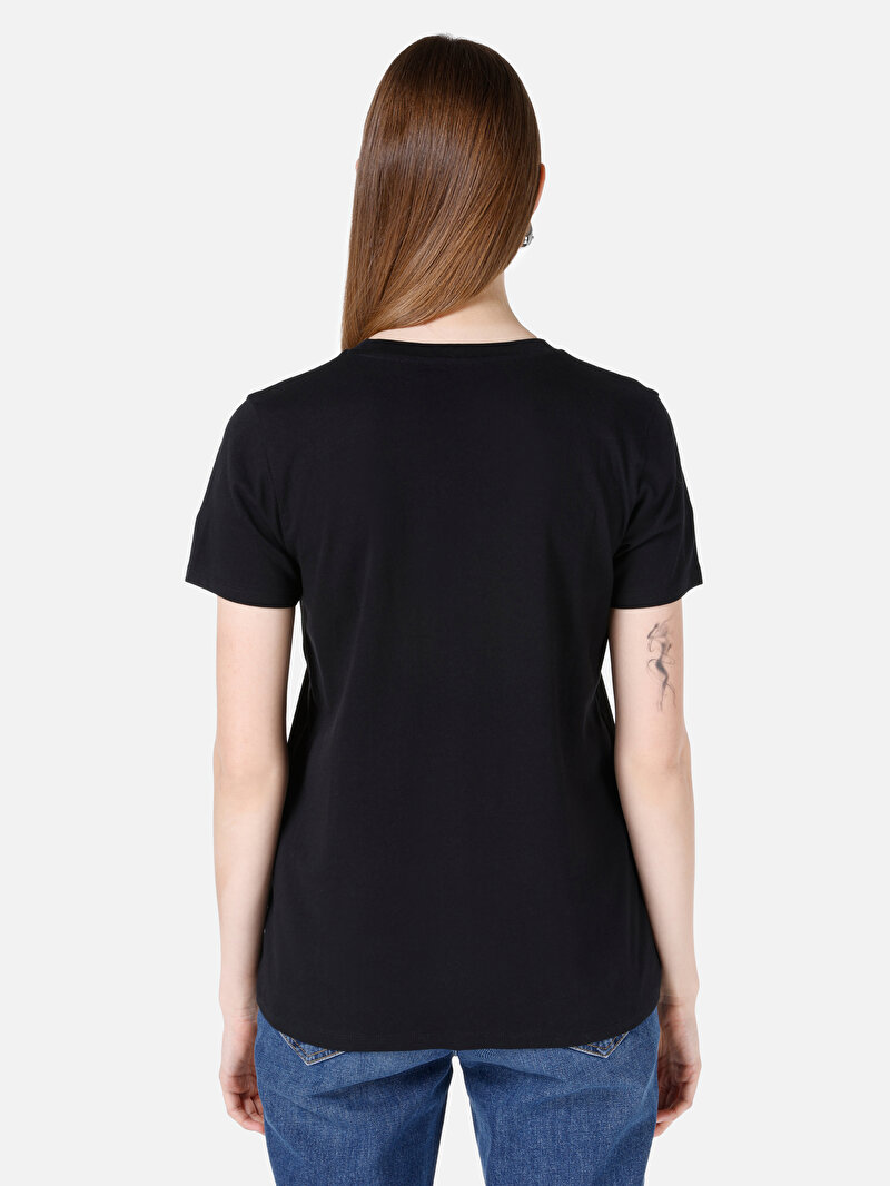 Regular Fit Yuvarlak Yaka Baskılı Kadın Siyah Kısa Kol Tişört