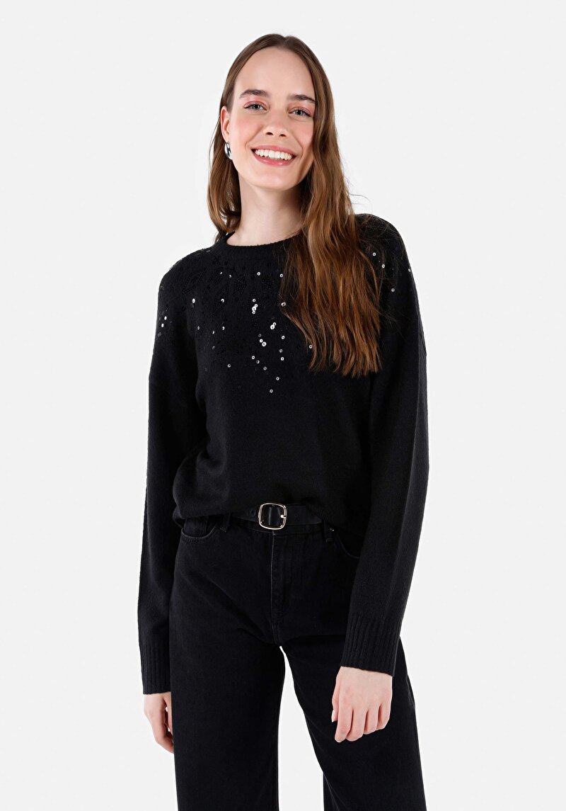 Regular Fit Yuvarlak Yaka Düz Kadın Siyah Triko Kazak