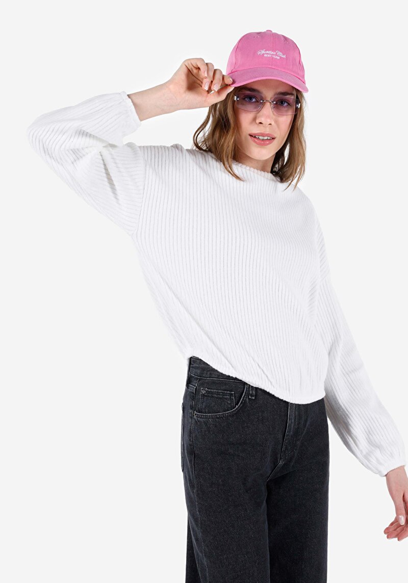 Regular Fit Yuvarlak Yaka Düz Kadın Beyaz Uzun Kol Tişört