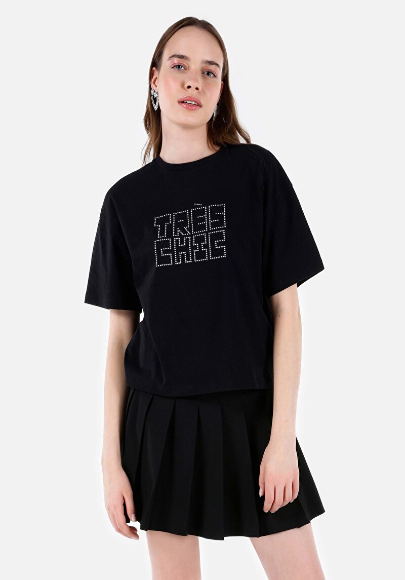 Regular Fit Pamuklu Yuvarlak Yaka Baskılı Kadın Siyah Kısa Kol Tişört