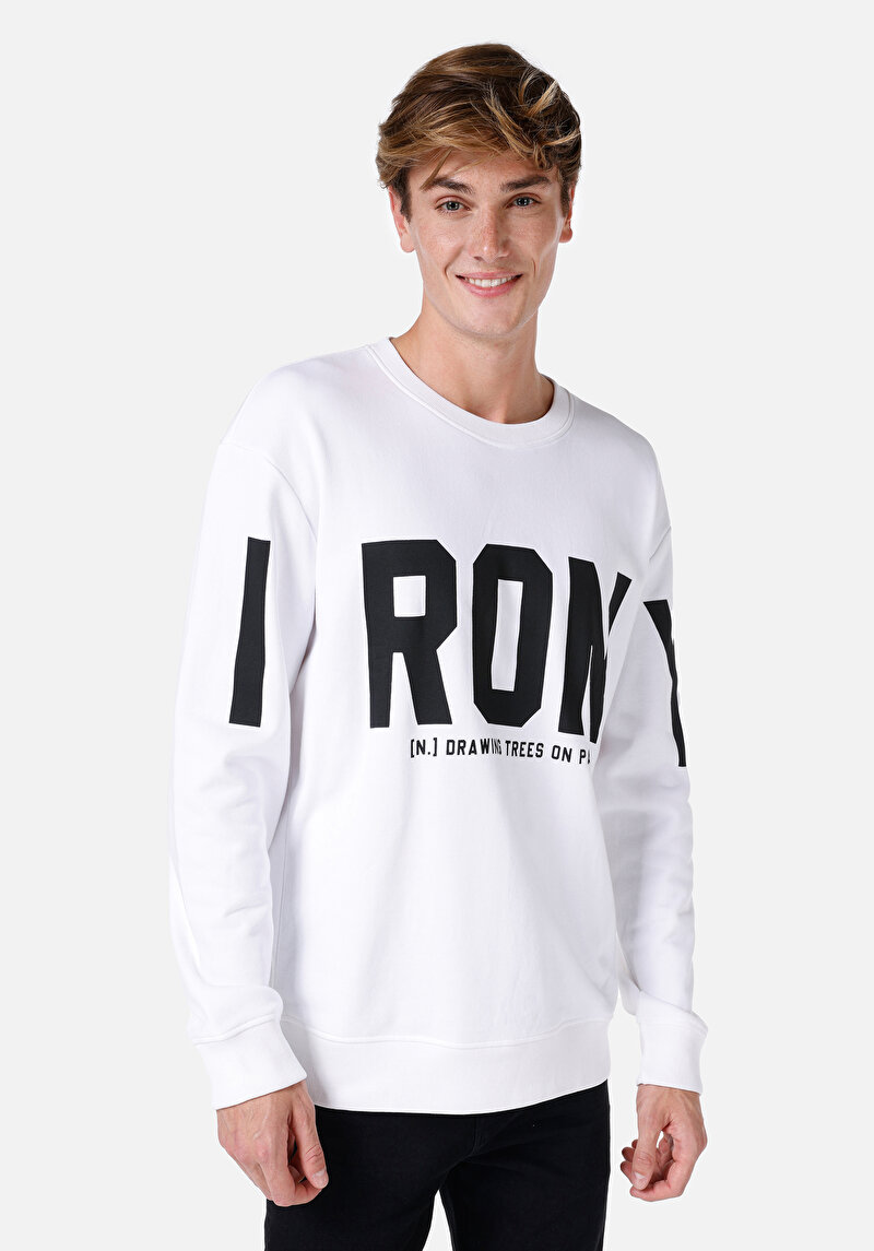 Comfort Fit Erkek Baskılı Beyaz Sweatshirt