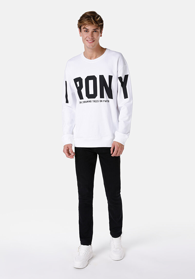 Comfort Fit Erkek Baskılı Beyaz Sweatshirt