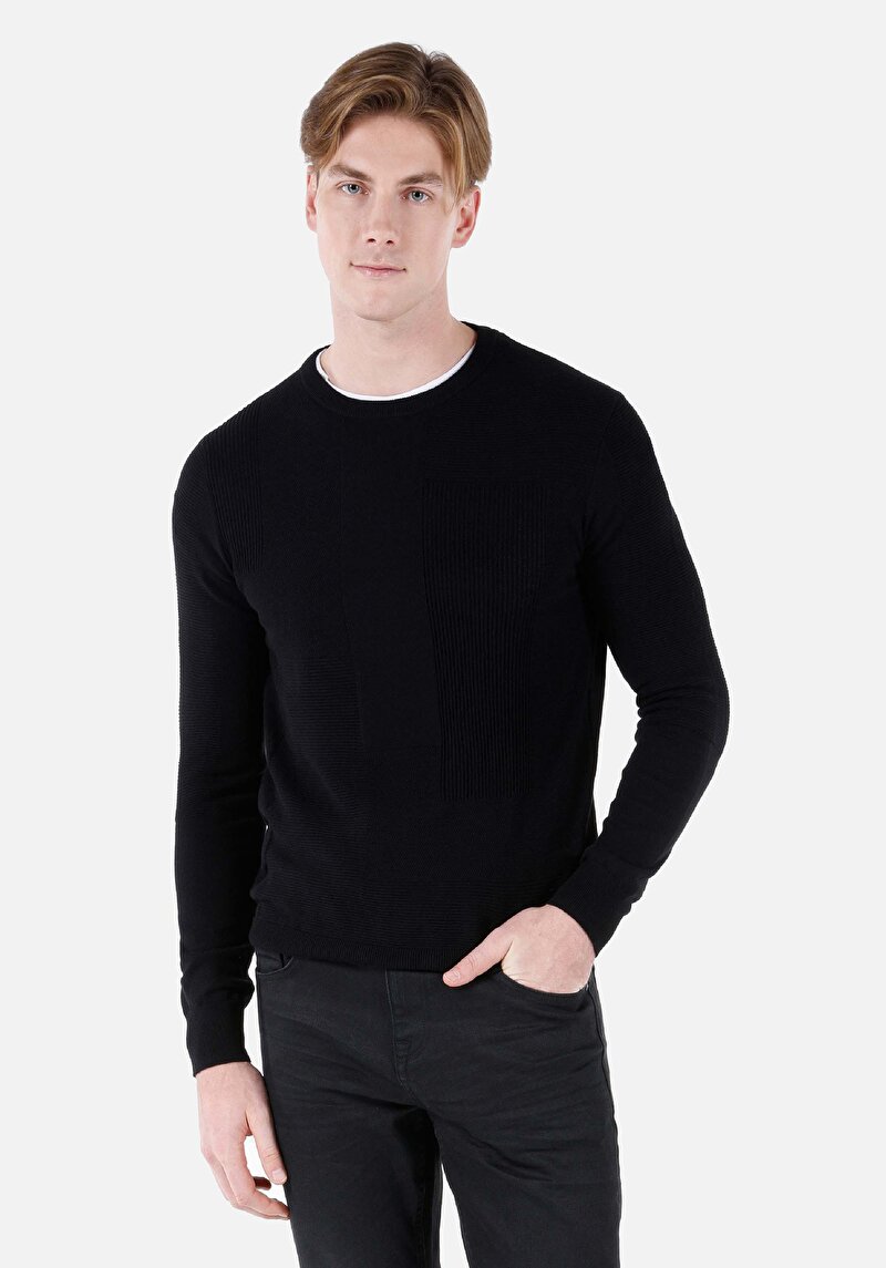 Regular Fit Pamuk Karışımlı Yuvarlak Yaka Jakarlı Erkek Siyah Kazak