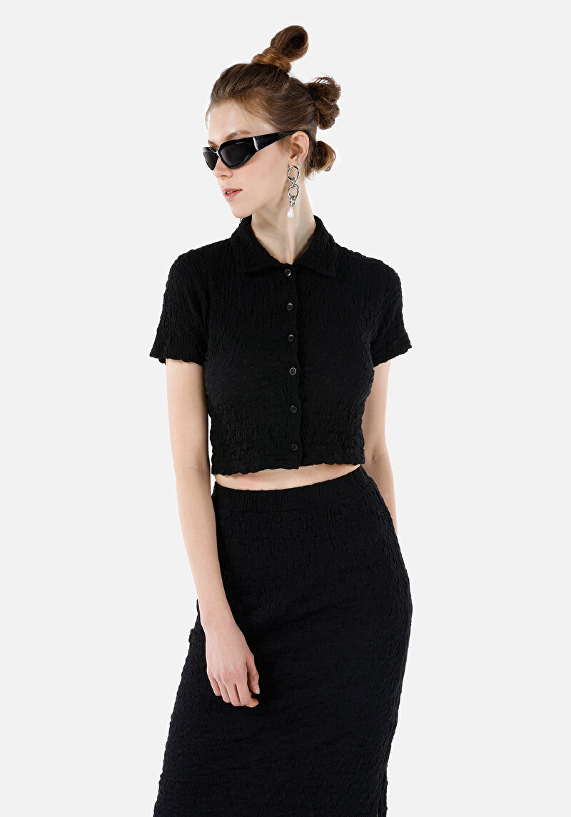 Slim Fit Shirt Neck Kadın Siyah Kısa Kol Tişört