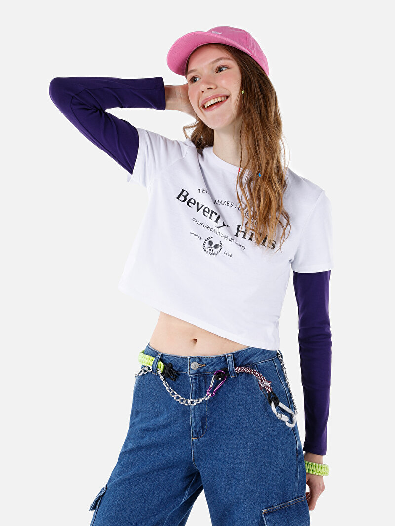 Regular Fit Örme Cepsiz Yuvarlak Yaka Baskılı Kadın Beyaz Kısa Kol Tişört