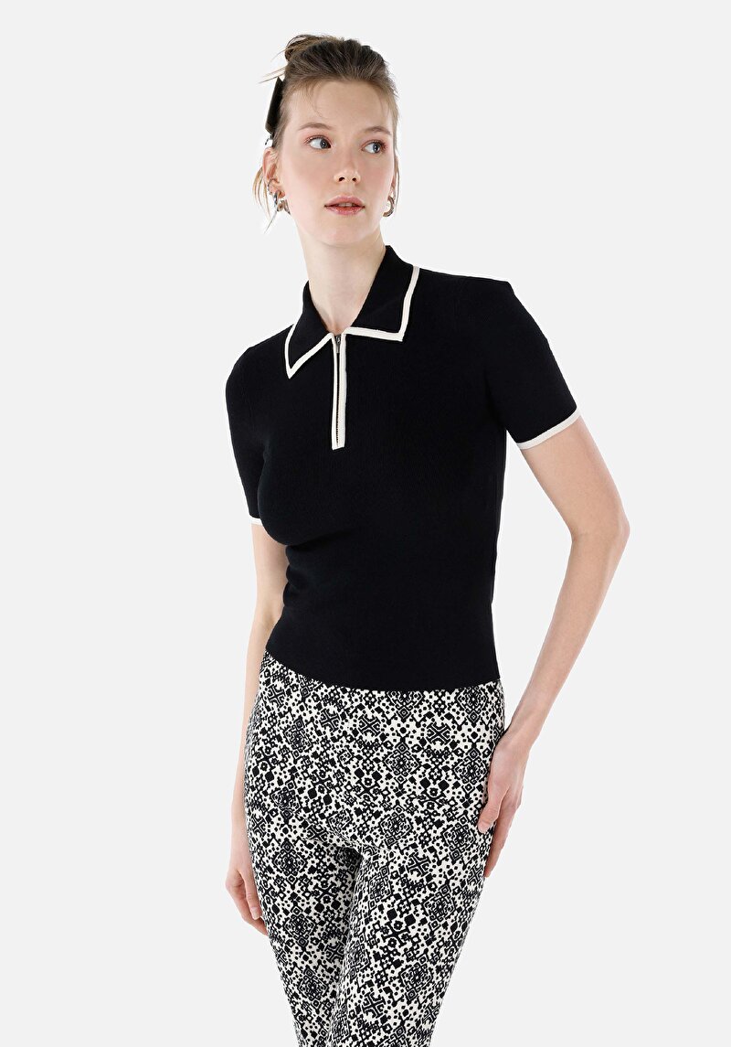 Slim Fit Polo Yaka Kadın Siyah Kısa Kol Triko Kazak