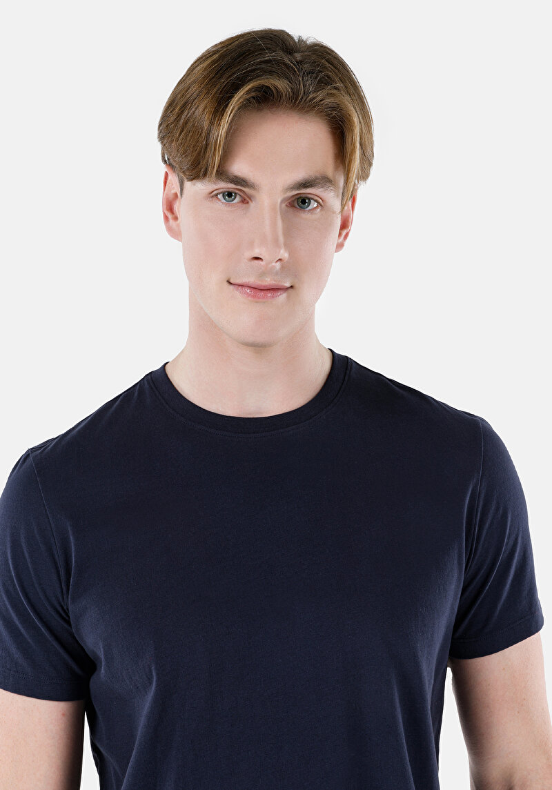 Regular Fit Yuvarlak Yaka Düz Erkek Lacivert Kısa Kol Tişört