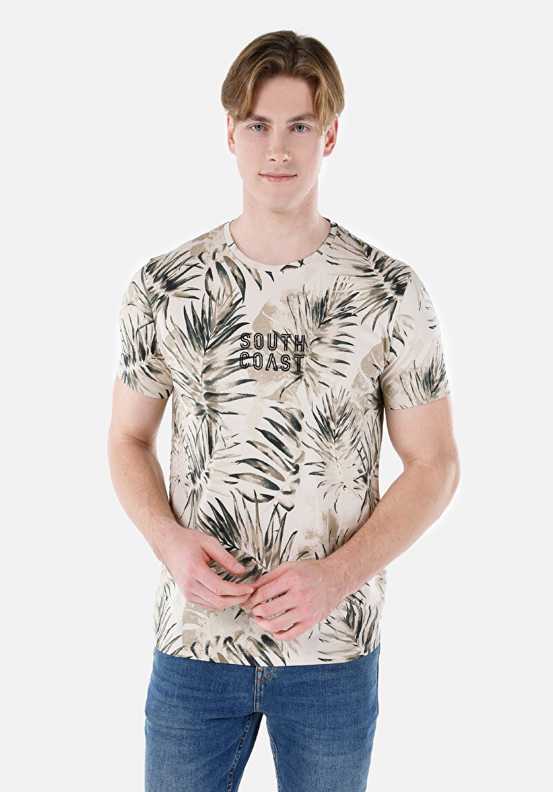 Regular Fit Pamuklu Yuvarlak Yaka Baskılı Erkek Bej Kısa Kol Tişört