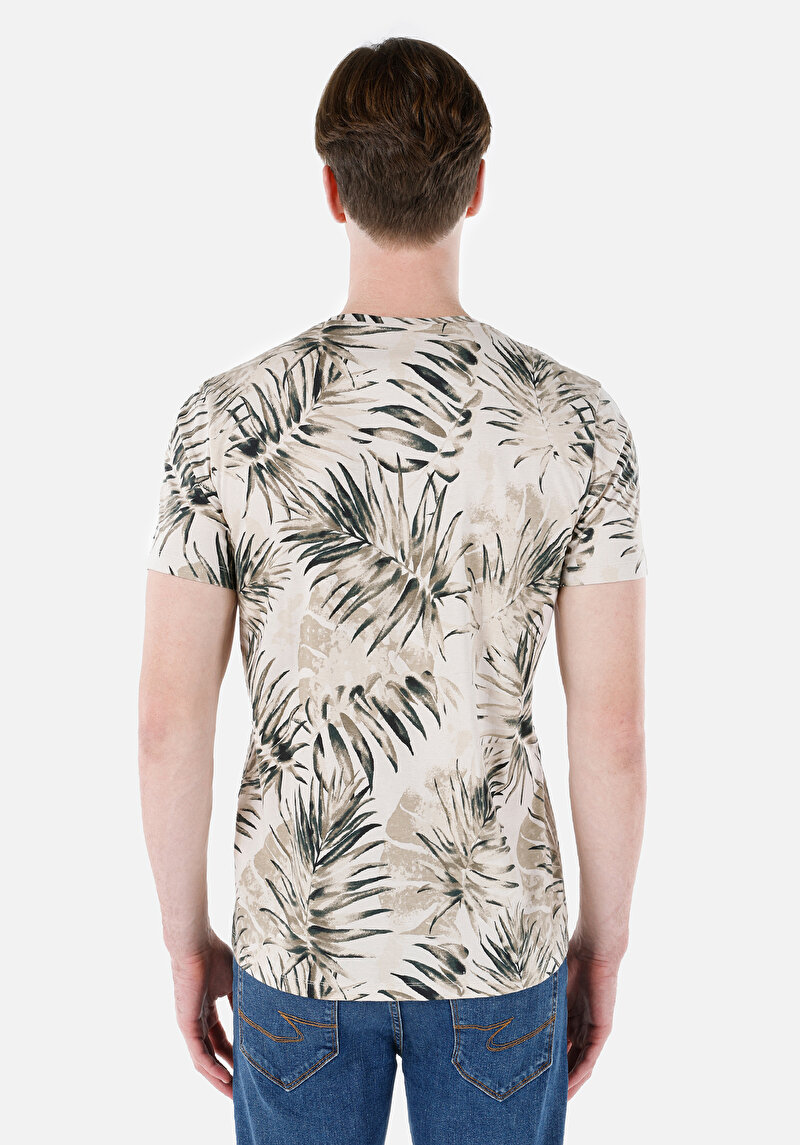 Regular Fit Pamuklu Yuvarlak Yaka Baskılı Erkek Bej Kısa Kol Tişört