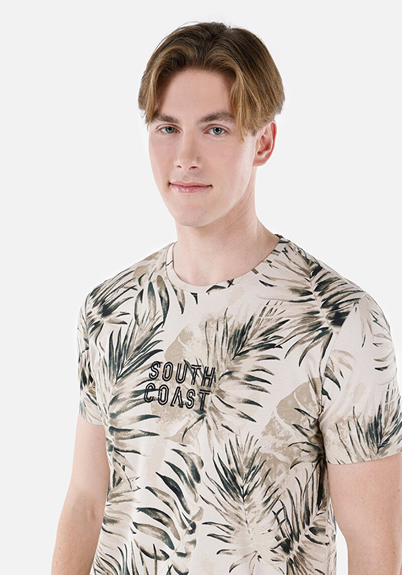 Regular Fit Pamuklu Yuvarlak Yaka Baskılı Erkek Bej Kısa Kol Tişört