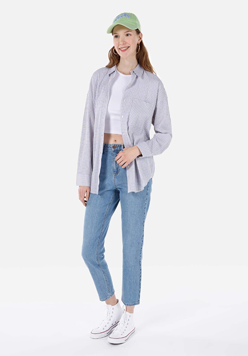 Relaxed Fit Shirt Neck Ekoseli Kadın Mavi Uzun Kol Gömlek