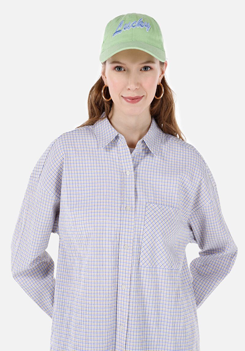 Relaxed Fit Shirt Neck Ekoseli Kadın Mavi Uzun Kol Gömlek