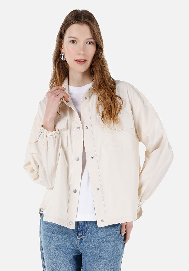 Regular Fit Shirt Neck Düz Kadın Ekru Uzun Kol Gömlek