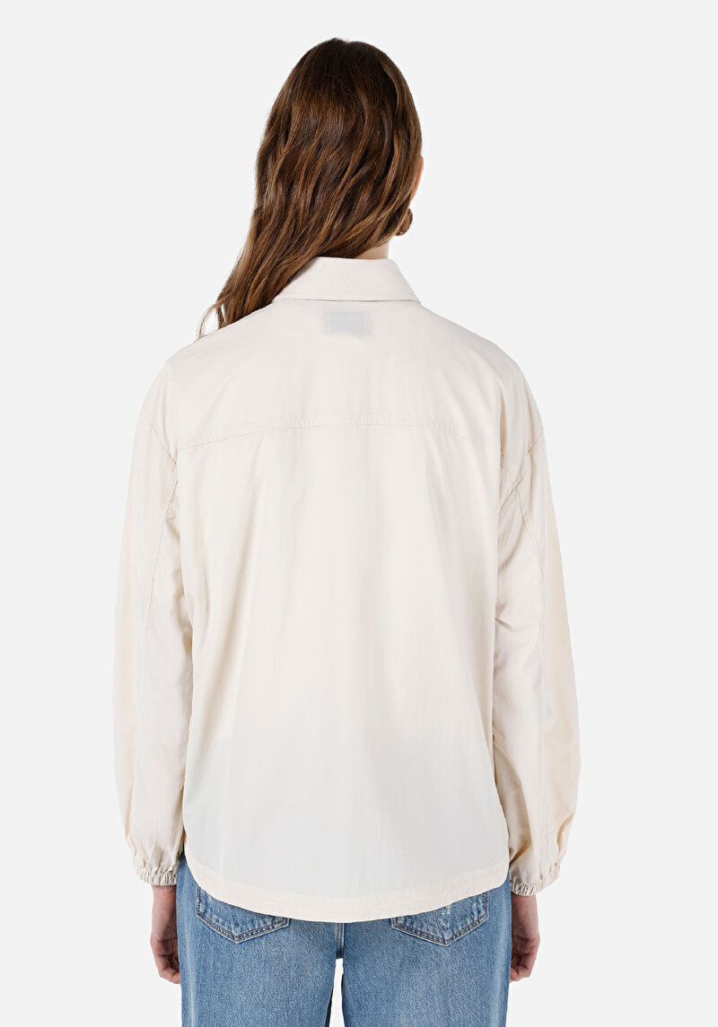 Regular Fit Shirt Neck Düz Kadın Ekru Uzun Kol Gömlek