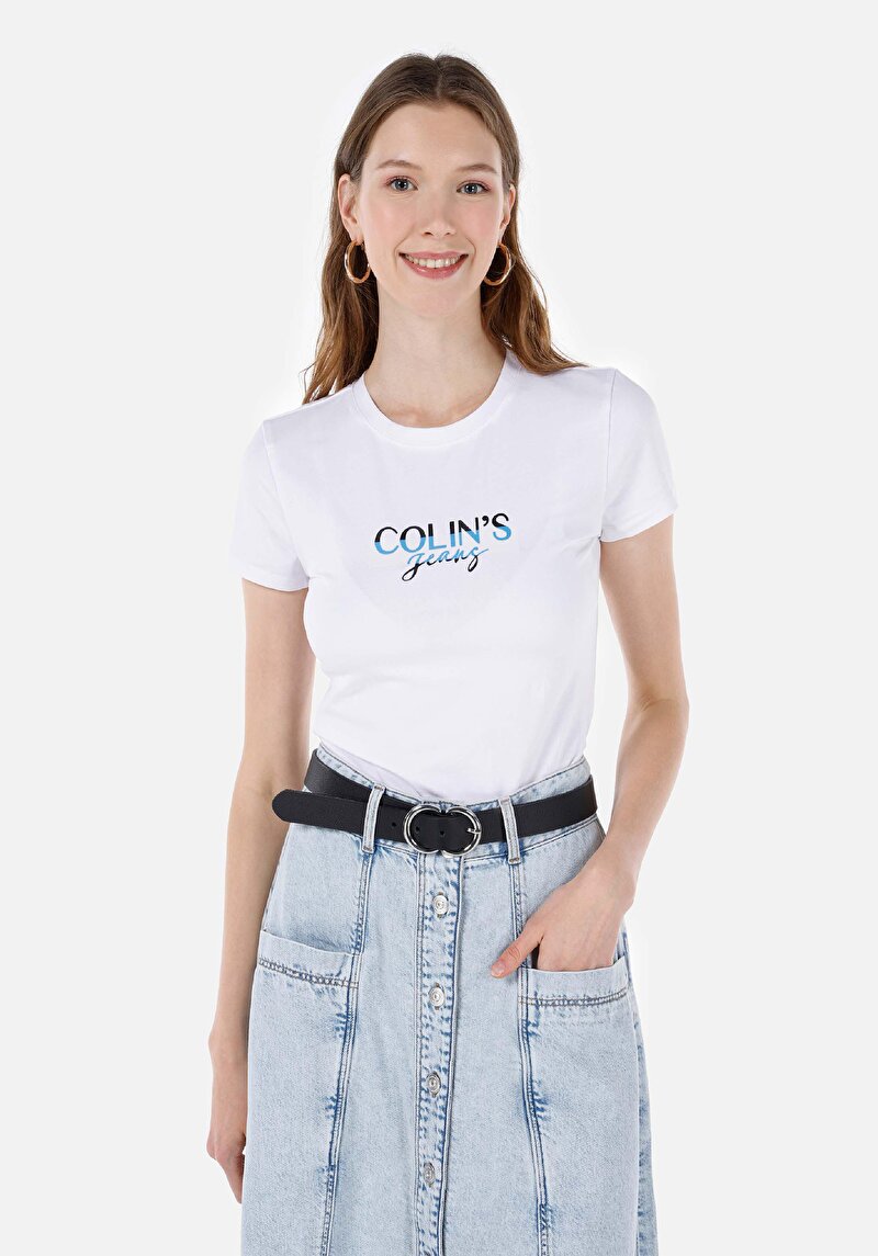 Slim Fit Yuvarlak Yaka Baskılı Kadın Beyaz Kısa Kol Tişört