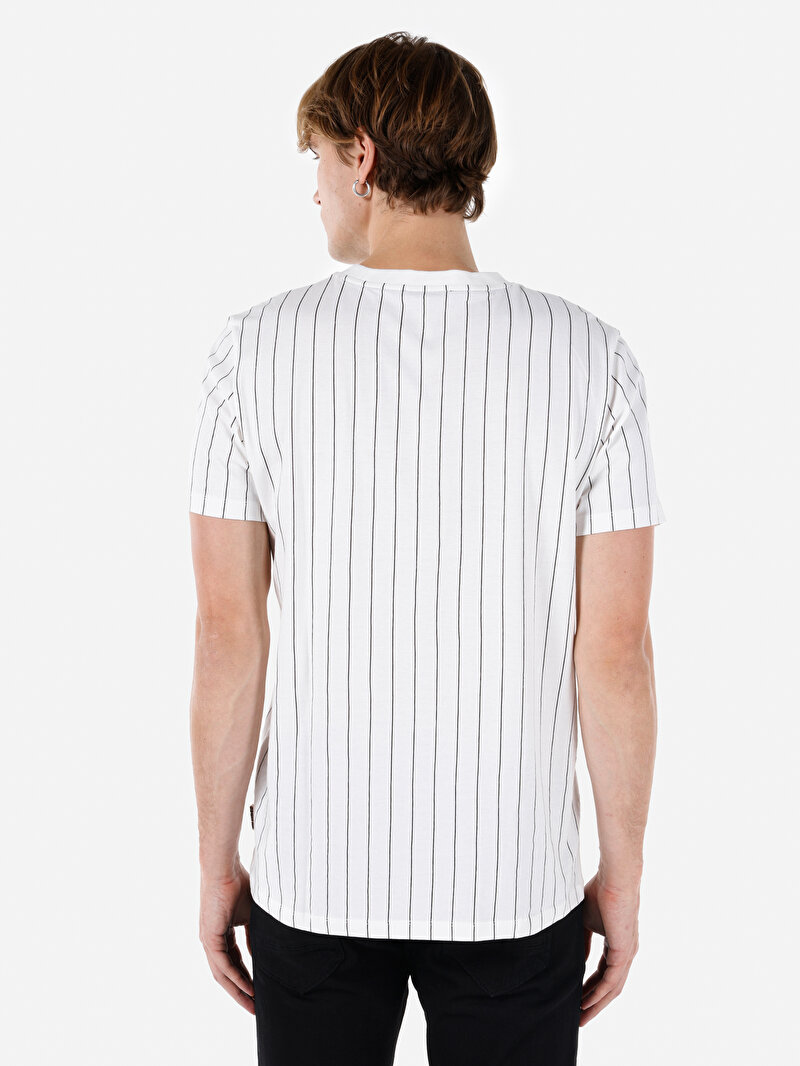 Regular Fit Yuvarlak Yaka Çizgili Erkek Beyaz Kısa Kol Tişört