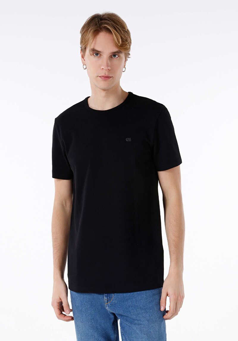 Regular Fit Yuvarlak Yaka Düz Örme Cepsiz Erkek Siyah Kısa Kol Tişört