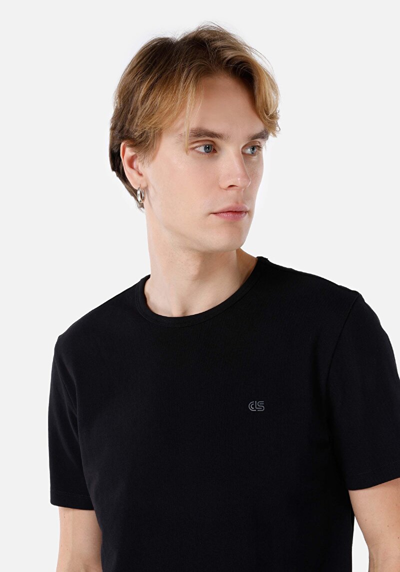 Regular Fit Yuvarlak Yaka Düz Örme Cepsiz Erkek Siyah Kısa Kol Tişört