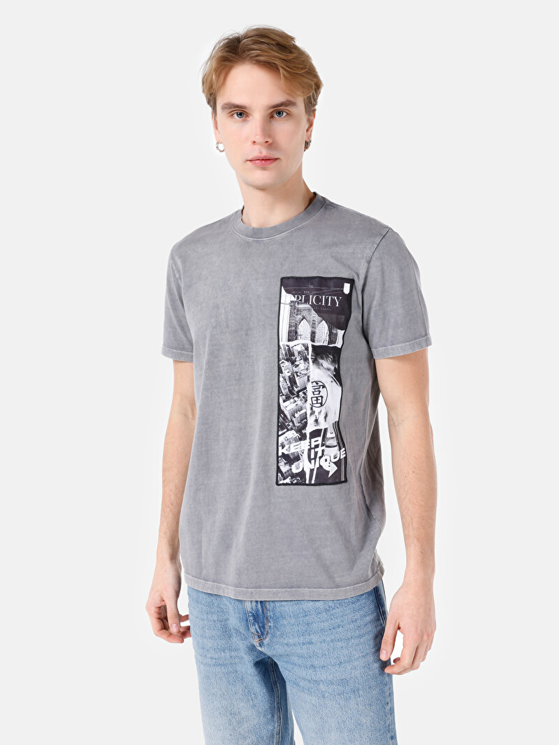 Regular Fit Yuvarlak Yaka Örme Erkek Gri Kısa Kol Tişört