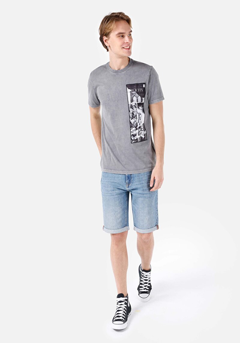 Regular Fit Yuvarlak Yaka Örme Erkek Gri Kısa Kol Tişört