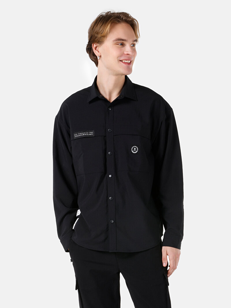 Comfort Fit Shirt Neck Düz Erkek Siyah Uzun Kol Gömlek