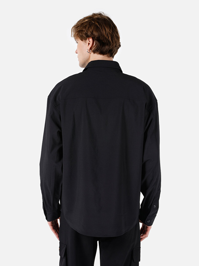 Comfort Fit Shirt Neck Düz Erkek Siyah Uzun Kol Gömlek