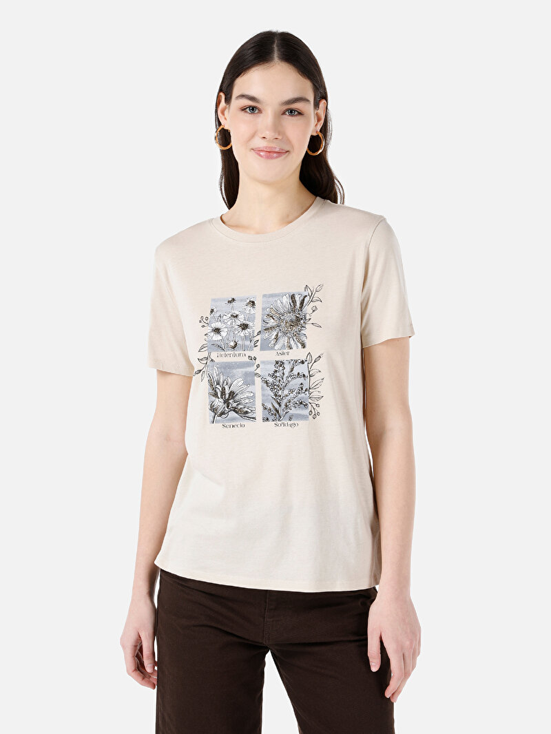 Regular Fit Yuvarlak Yaka Baskılı Kadın Bej Kısa Kol Tişört