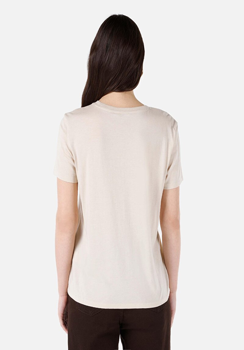 Regular Fit Yuvarlak Yaka Baskılı Kadın Bej Kısa Kol Tişört