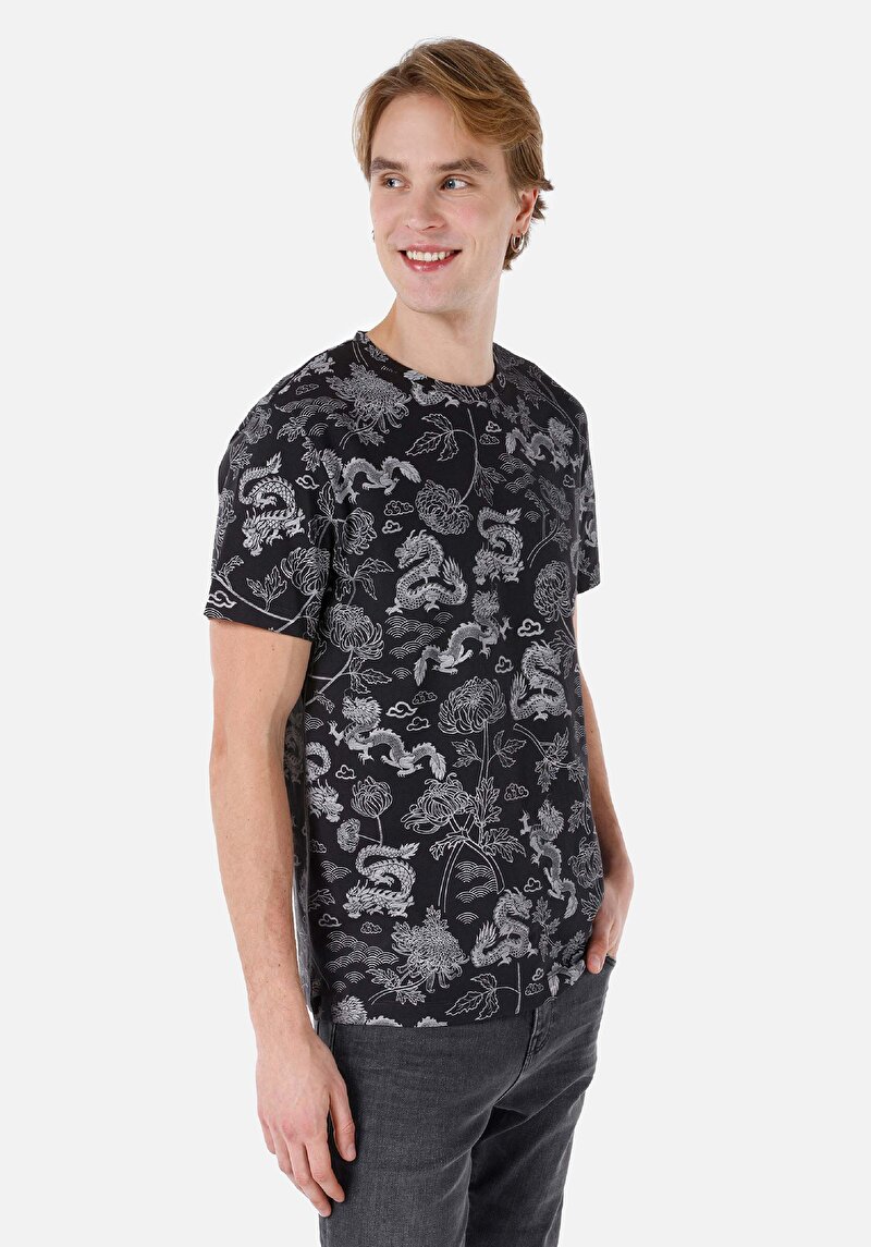 Regular Fit Pamuklu Yuvarlak Yaka Baskılı Erkek Antrasit Kısa Kol Tişört