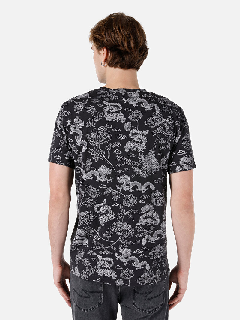 Regular Fit Pamuklu Yuvarlak Yaka Baskılı Erkek Antrasit Kısa Kol Tişört