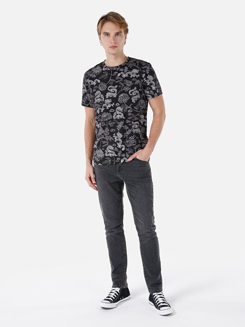 Regular Fit Pamuklu Yuvarlak Yaka Baskılı Erkek Antrasit Kısa Kol Tişört