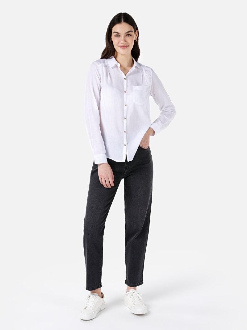 Regular Fit Shirt Neck Düz Kadın Beyaz Uzun Kol Gömlek