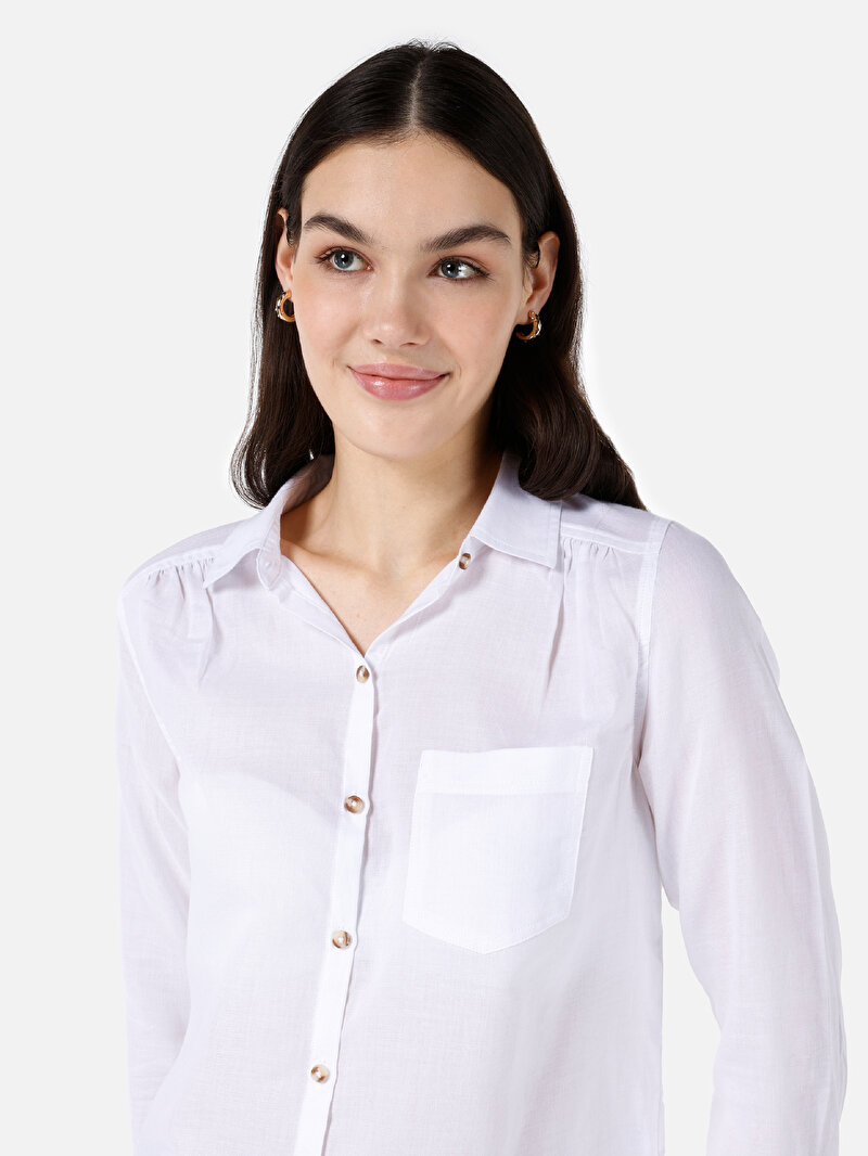 Regular Fit Shirt Neck Düz Kadın Beyaz Uzun Kol Gömlek