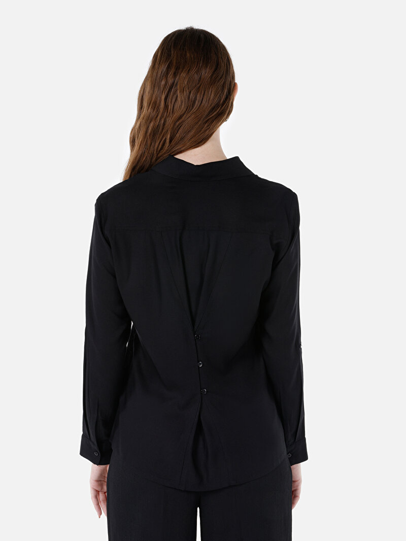 Regular Fit Shirt Neck Düz Kadın Siyah Roll-Up Gömlek