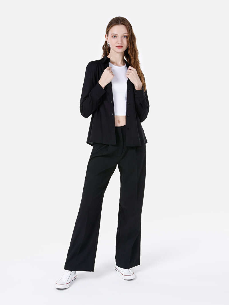 Regular Fit Shirt Neck Düz Kadın Siyah Roll-Up Gömlek