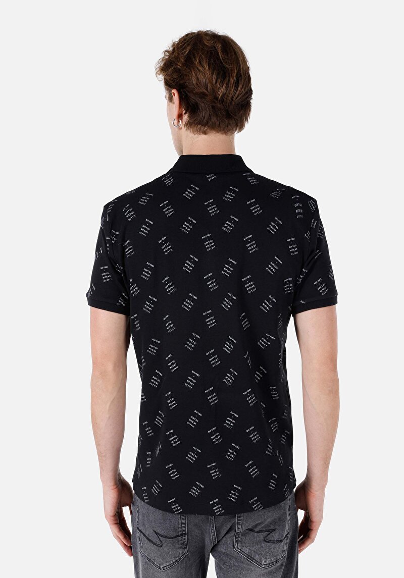Regular Fit Polo Yaka Baskılı Erkek Siyah Kısa Kol Tişört