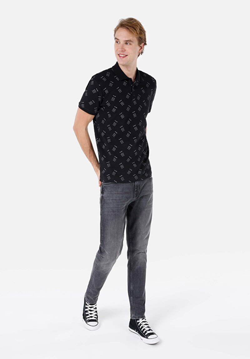 Regular Fit Polo Yaka Baskılı Erkek Siyah Kısa Kol Tişört