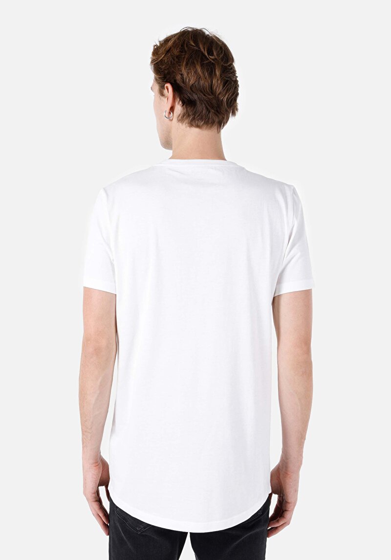 Long Fit Yuvarlak Yaka Düz Erkek Beyaz Kısa Kol Tişört