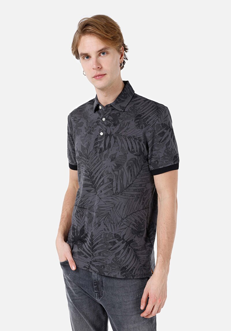 Regular Fit Polo Yaka Baskılı Erkek Antrasit Kısa Kol Tişört