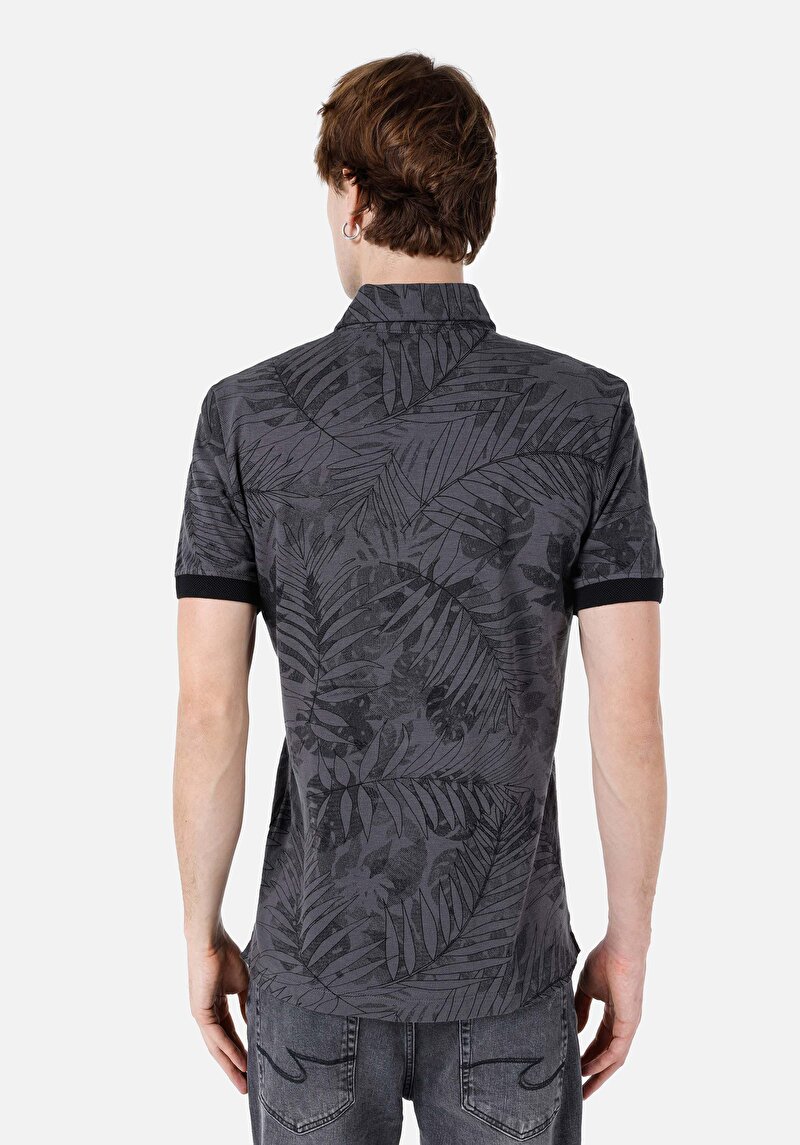 Regular Fit Polo Yaka Baskılı Erkek Antrasit Kısa Kol Tişört